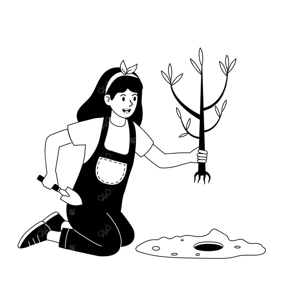 دختری جوان در یک روز آفتابی بهاری در باغ درخت می‌کارد