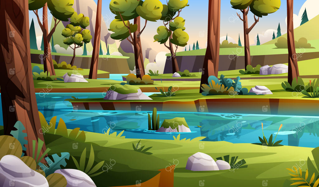 تصویرسازی پس‌زمینه منظره جنگل تابستانی با رودخانه و کوهستان