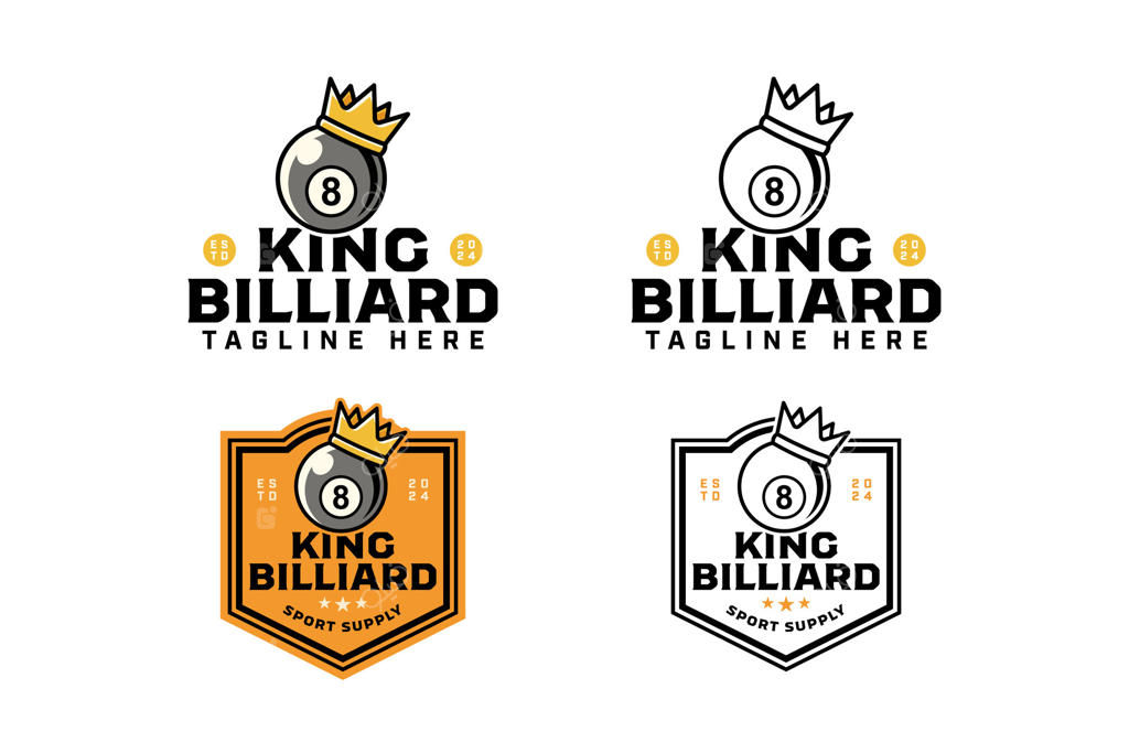 طراحی لوگوی مجموعه ۸ توپ بیلیارد با نشان تاج طلایی برای ورزش و مسابقات بیلیارد. توپ بیلیارد سیاه با تاج پادشاه به سبک نقاشی خطی و رنگی، قالب لوگوی مدرن
