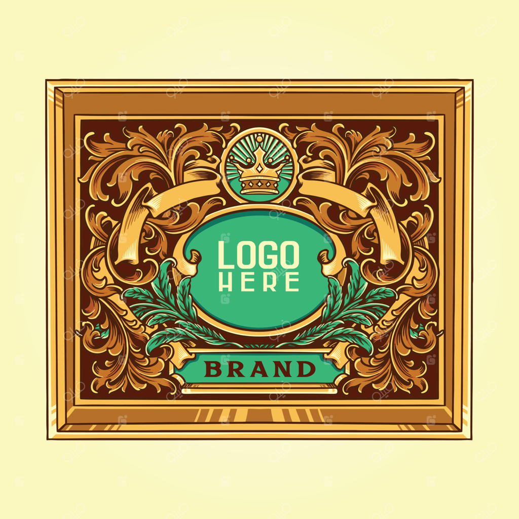 تصویرسازی قاب نشان طلایی با نقش‌ونگار گل‌های وینتیج