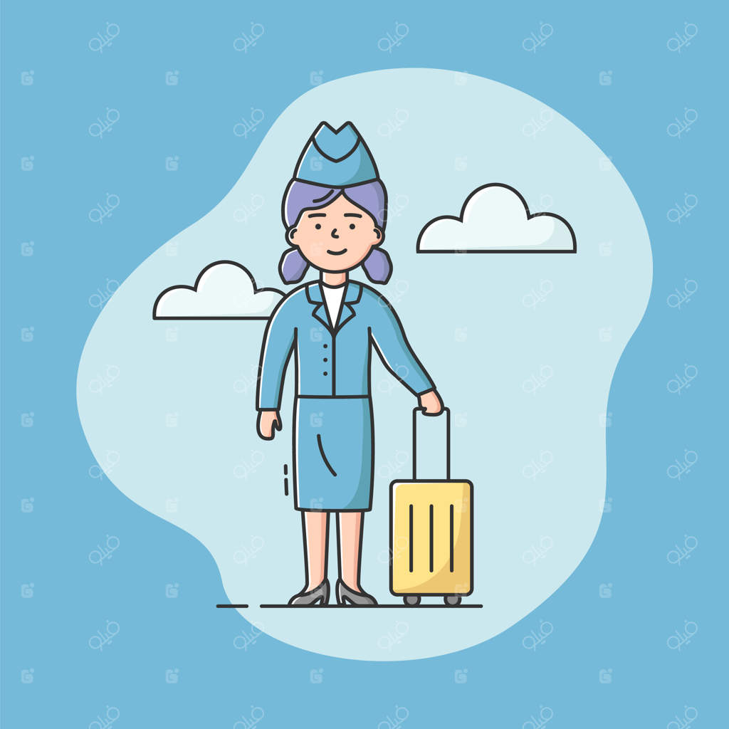 مهماندار با یونیفرم و چمدان. کارمند حرفه‌ای. خانم مهربان در لباس کار.