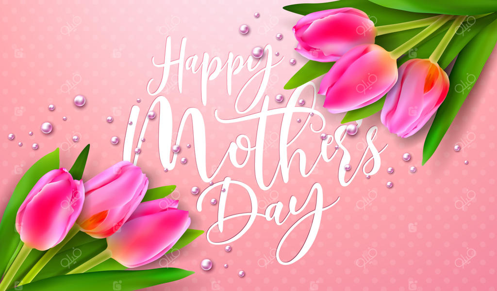 کارت تبریک روز مادر با طرح گل لاله بهاری و تایپوگرافی بر روی زمینه صورتی