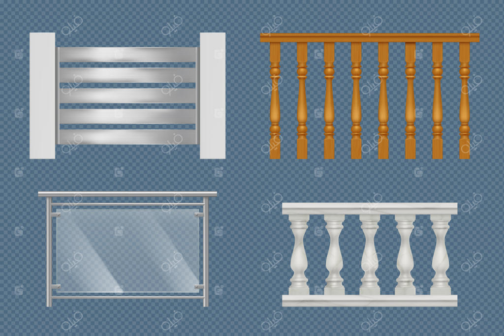 نرده‌های بالکن: ساخت راه‌پله برای تراس با نرده‌های چوبی، شیشه‌ای یا فلزی - طرح‌های واقعی وکتور نرده و دستگیره نمایشی. طراحی نرده بالکن و دست‌انداز.