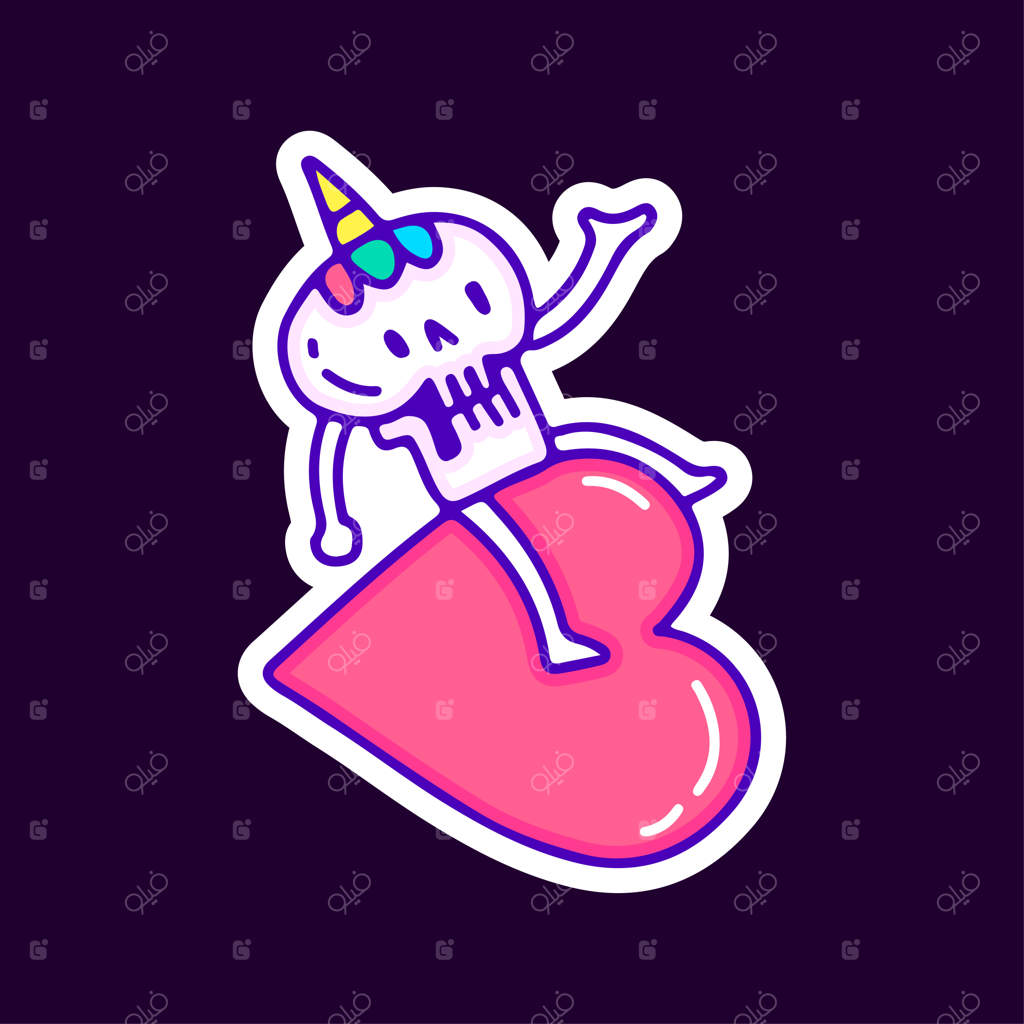 جمجمه تک‌شاخ بامزه با نماد عشق، تصویرسازی برای تی‌شرت و استیکر.