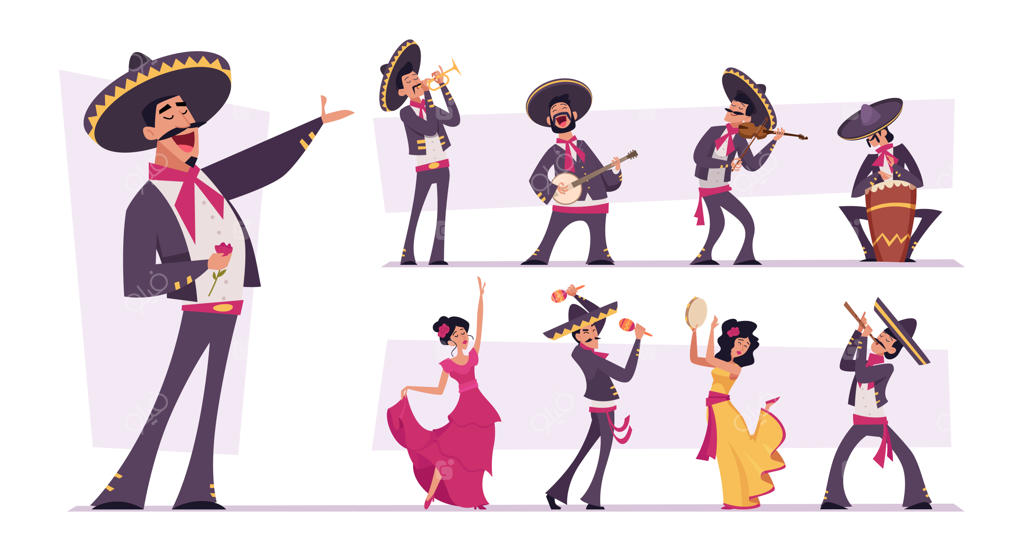 لباس‌های سنتی مکزیکی برای شخصیت‌های مکزیکی: افراد شاد و موزیسین‌ها با سمبررو - تصاویر وکتور دقیق و مجزا