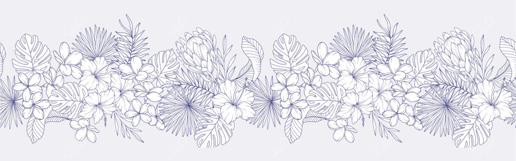 حاشیه افقی یکپارچه گل با گیاهان و گل‌های گرمسیری. پس‌زمینه افقی پیوسته گلدار. طراحی خطی هنر. طرح مینیمالیستی گل. حلقه گل یکپارچه. قاب حاشیه‌ای.