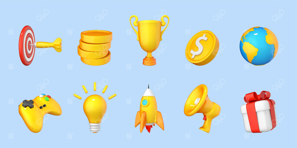 مجموعه آیکون‌های کارتونی سه‌بعدی بر روی پس‌زمینه آبی - اشیای کارتونی تجاری، وکتور سه‌بعدی