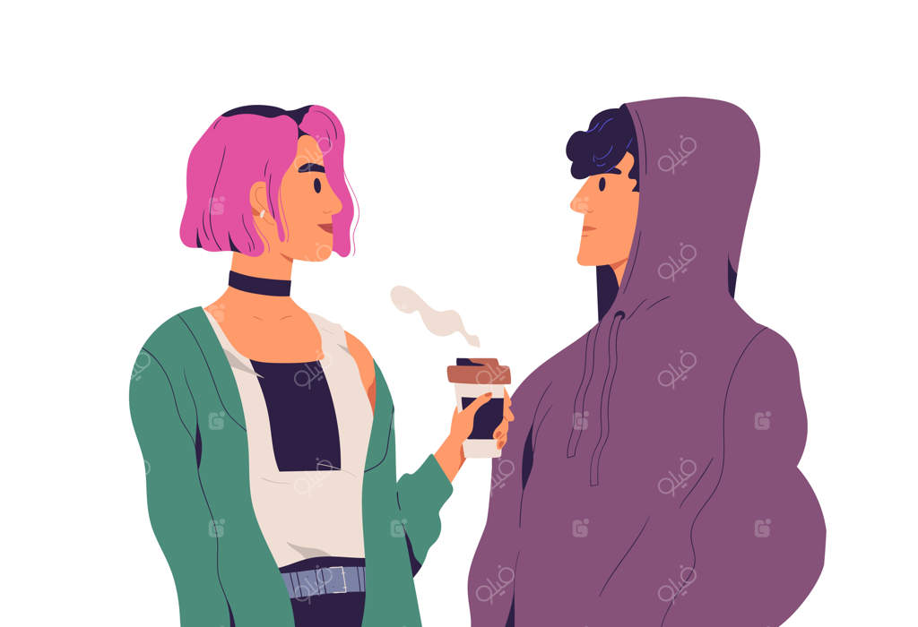 دو جوان ایستاده در سکوت و نگاه در نگاه. زوجی از نوجوانان مد روز به یکدیگر نگاه می‌کنند. تصویر برداری ساده و رنگارنگ روی زمینه سفید.