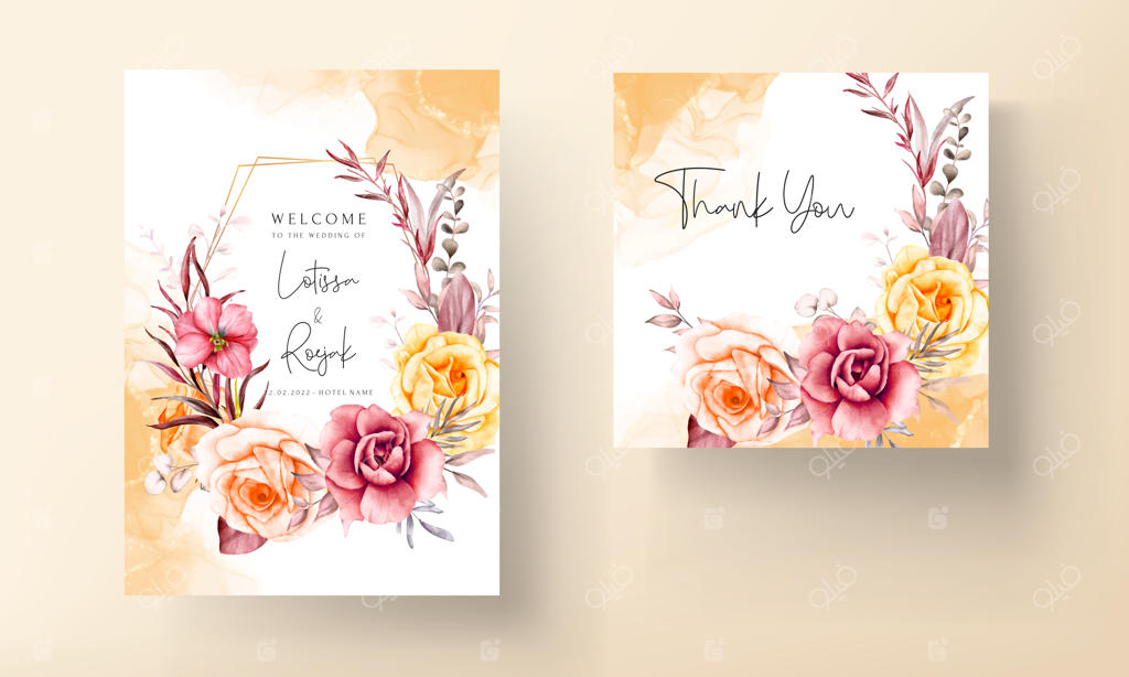 قاب‌های گل‌ها و برگ‌های قرمز آبرنگی برای کارت عروسی