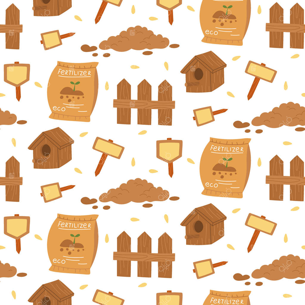 پترن وسایل باغ: کاشت گیاهان، کود، خاک، حصار، علائم، لانه پرنده. تصویرسازی با رنگ‌های تخت و بافت‌دار. مناسب کارت‌پستال، چاپ‌ها، کتاب‌های کودکان، طراحی بسته‌بندی و پروژه‌های بهاری.