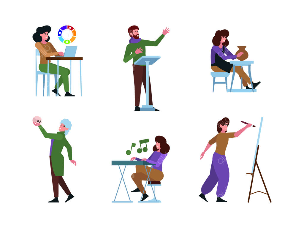 شغل‌های خلاقانه: بازیگران، هنرمندان، عکاسان، موسیقی‌دانان، برنامه‌نویسان، نقاشان و افراد خلاق دیگر در قالب وکتور تخت و متنوع