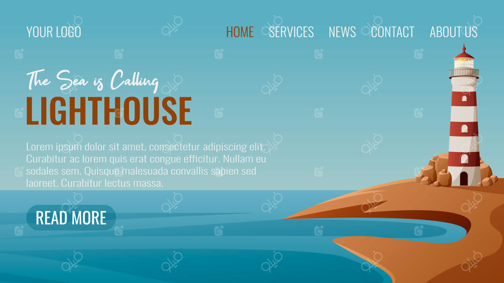 فانوس دریایی در ساحل - راهنمایی برای دریانوردان. منظره دریا، تصویرسازی وکتور.