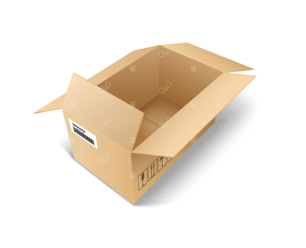 تصویر واقعی از یک جعبه مقوایی باز با نمادهای چاپی. رنگ‌های قهوه‌ای نشان‌دهنده بسته‌بندی و حمل و نقل بر روی پس‌زمینه سفید ساده.