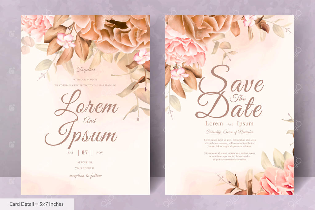 قالب کارت دعوت عروسی با طرح آبرنگی واقعی از گل ها و برگ های دست‌کشیده