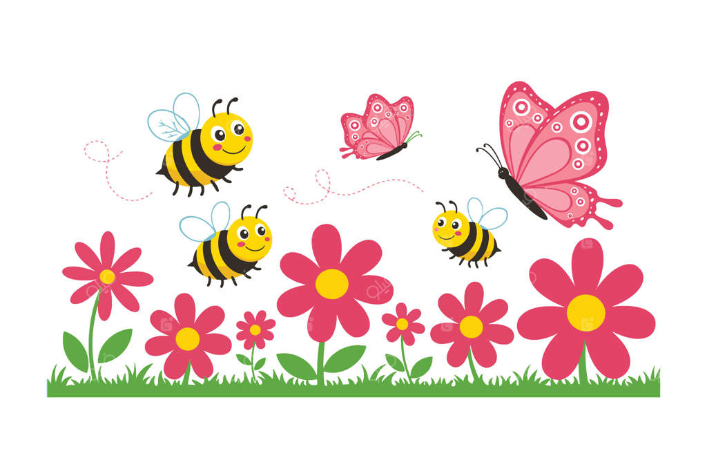 باغی پر از شکوفه‌های رنگارنگ، زنبورها و پروانه‌های زیبا