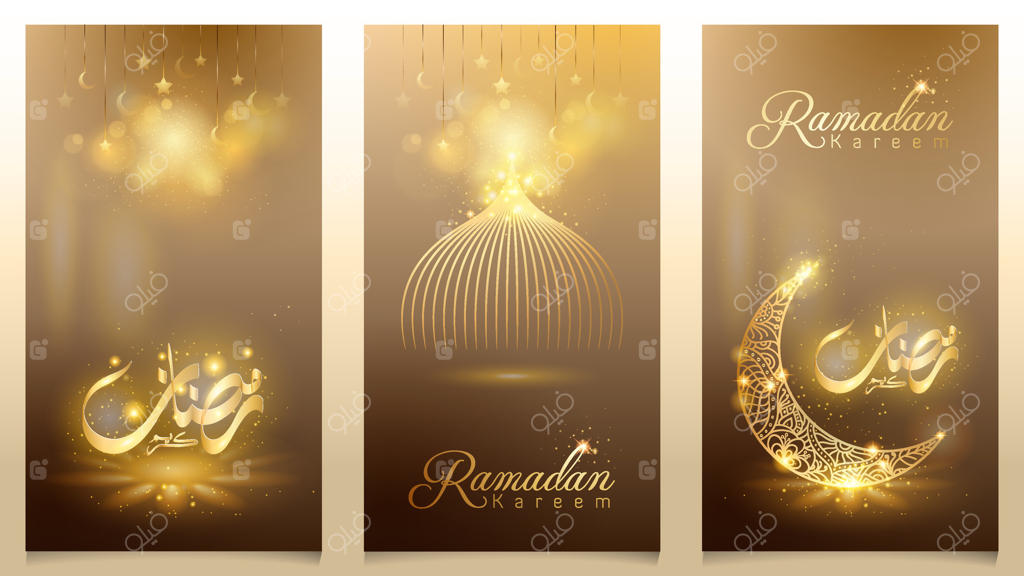 رمضان کریم: پس‌زمینه اسلامی با درخشش گنبد مسجد و هلال ماه و طرح هندسی عربی برای کارت تبریک