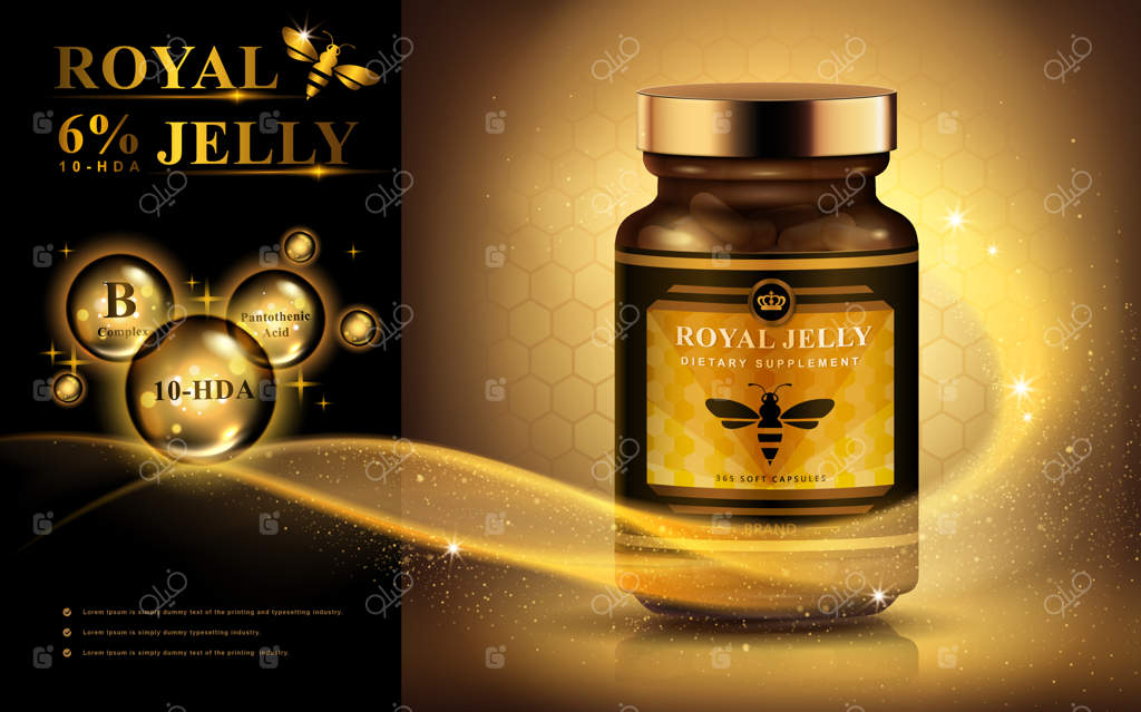 آگهی ژل رویال با خط نور و حباب‌های درخشان، پس‌زمینه طلایی