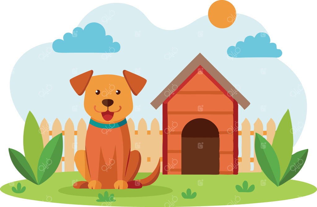 سگ قهوه‌ای بازیگوش در روزی آفتابی کنار خانه‌ی دنج خود در باغ سرسبز نشسته است