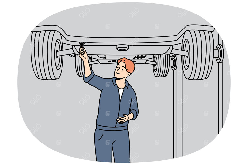 مکانیک خودرو در حال کار زیر خودروی روی جک