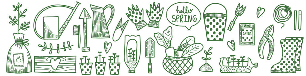 مجموعه عناصر برداری: مجموعه بهاری و تابستانی باغبانی به سبک نقاشی دستی. تجهیزات برای کاشت گیاهان شامل آب‌پاش، چکمه‌ها، بذرها، دستکش‌ها، سبزیجات و نهال‌ها. طبیعت و باغ.