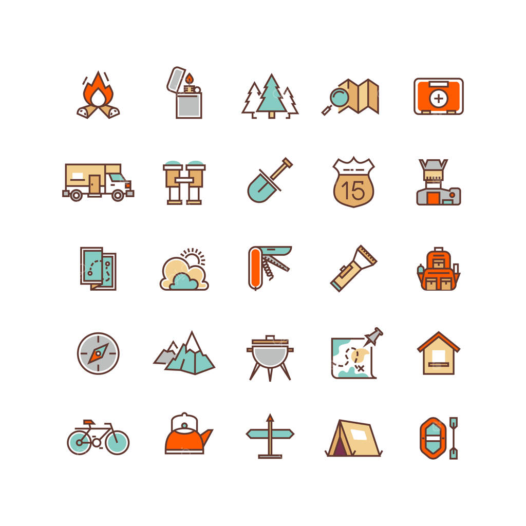 آیکون‌های تخت کمپینگ و کوهنوردی برای اینفوگرافیک‌ها