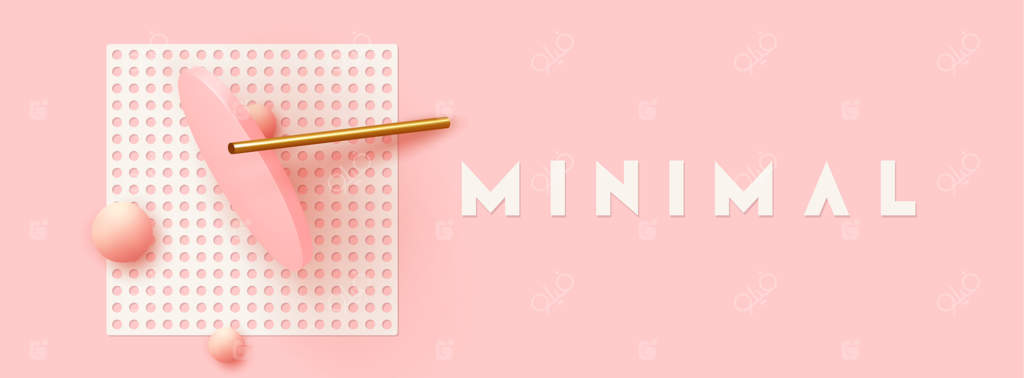 پس‌زمینهٔ مینیمال و خلاقانه: ترکیبی از اشیاء سه‌بعدی واقعی با اشکال هندسی. بنر مدرن و پوستر وب با رنگ‌های ملایم صورتی و مرجانی. تصویرسازی وکتور