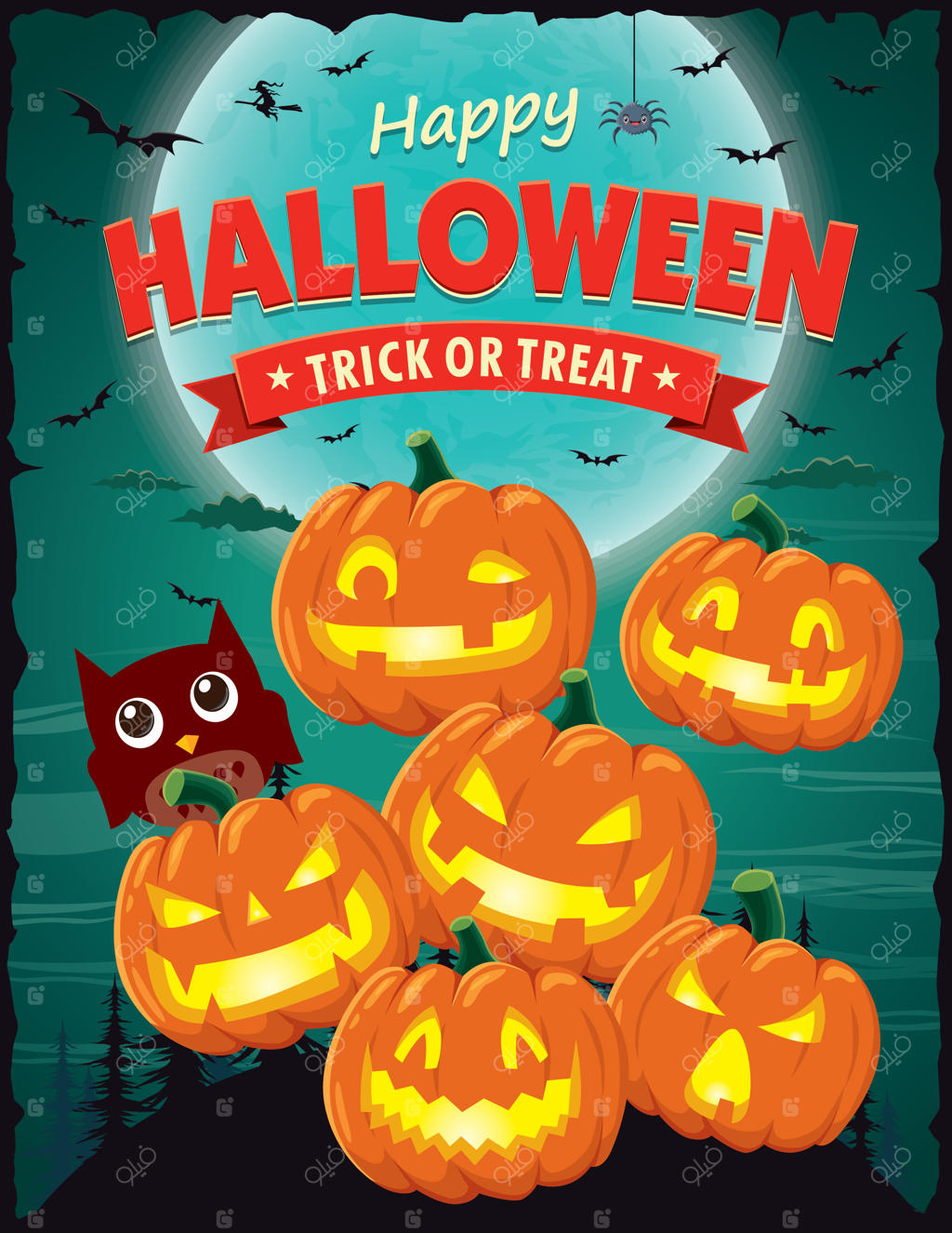 طراحی پوستر هالووین کلاسیک با شخصیت کدو تنبل وکتور.