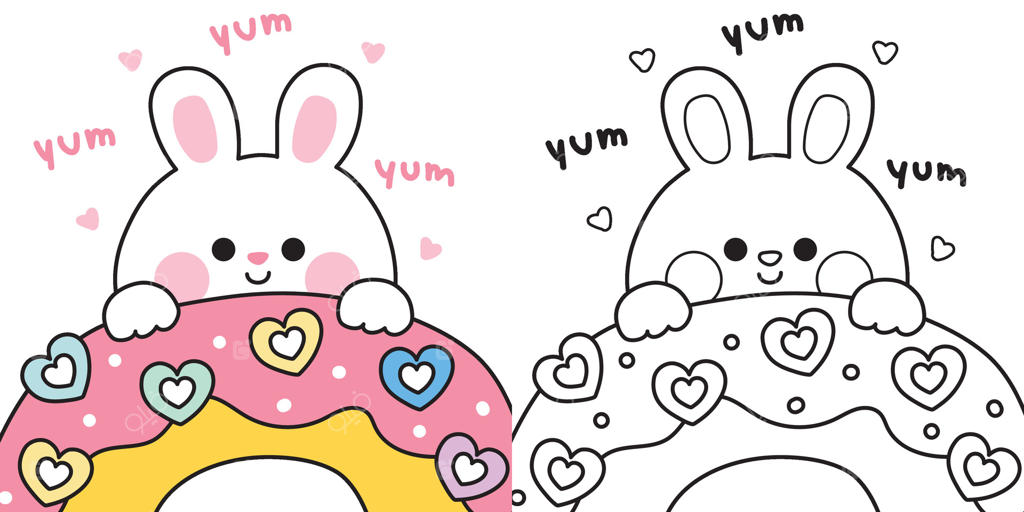 صفحات رنگ آمیزی: خرگوش بامزه روی دونات طعم توت فرنگی به شکل قلب. شیرینی و دسر. نانوایی. شخصیت کارتونی جوندگان. کتاب رنگ‌آمیزی. کاوایی. تصویرسازی.