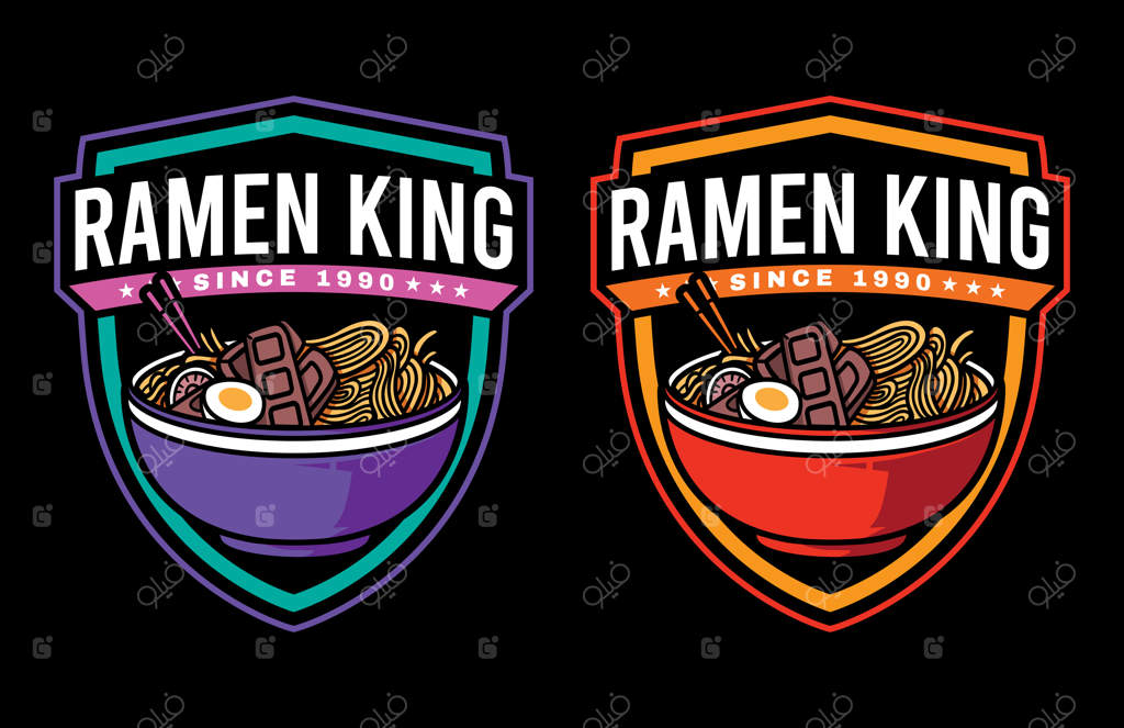 طراحی لوگوی گرافیکی وکتور از کاریکاتور نودل رامن با سبک رترو وینتیج و پس‌زمینه سیاه