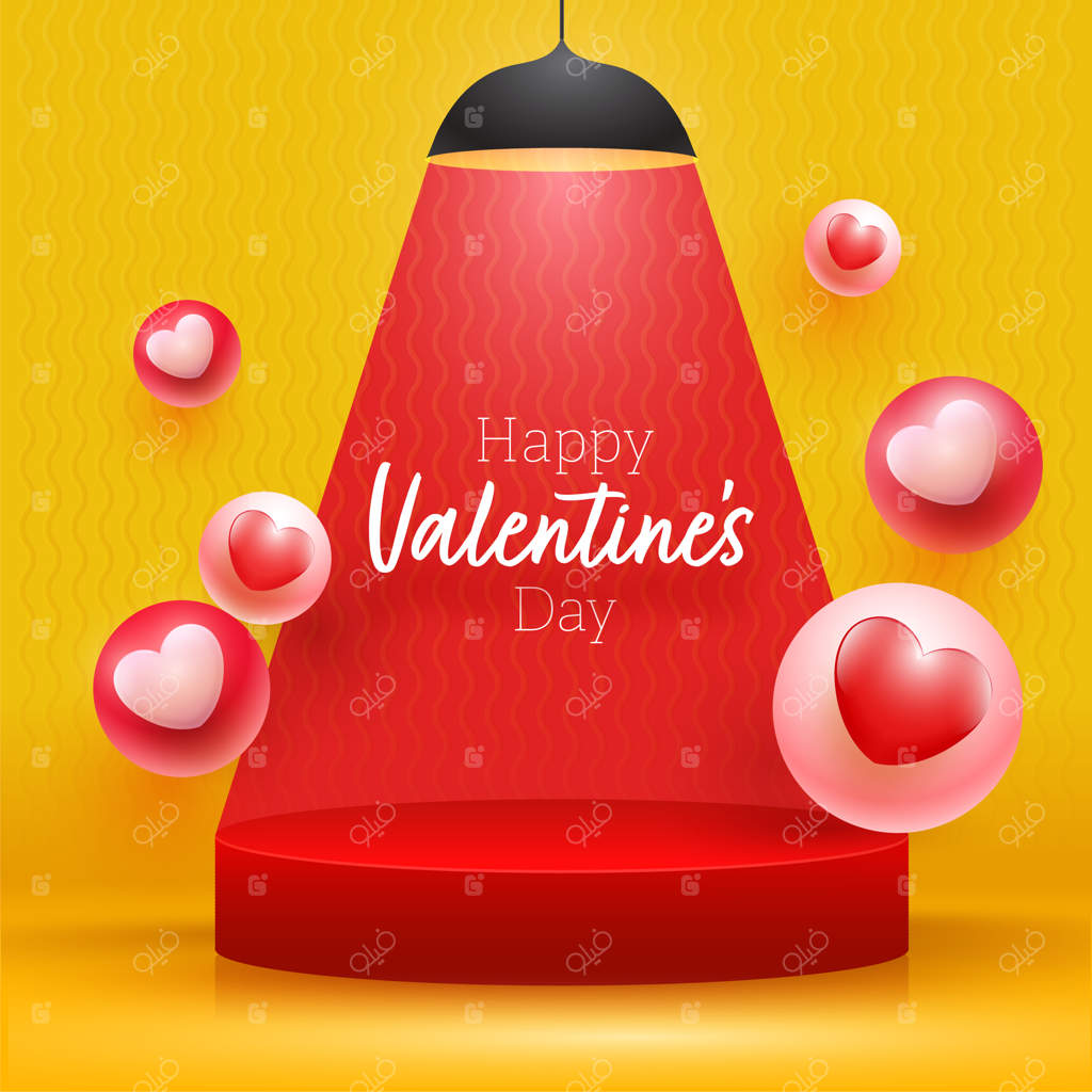 فونت روز ولنتاین مبارک بر روی سکوی سه‌بعدی با قلب‌های سه‌بعدی نمایش داده شد.