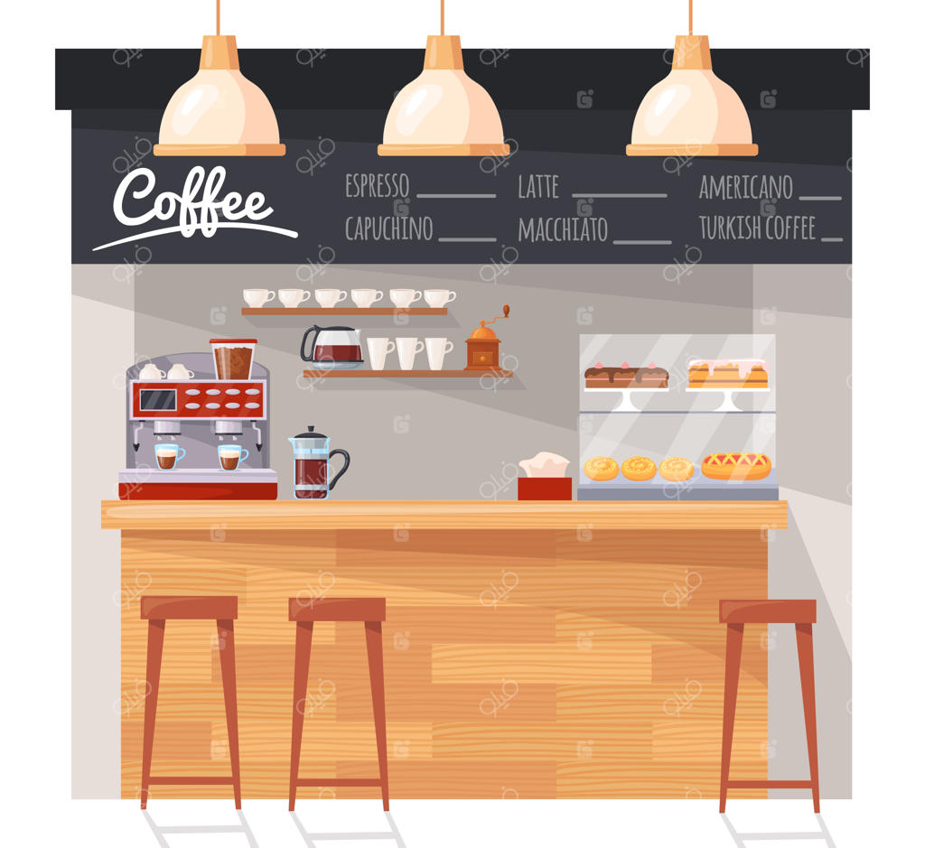 پیشخوان چوبی کافه: فضای داخلی کافی‌شاپ با دستگاه اسپرسو و انواع نوشیدنی‌ها و شیرینی‌ها