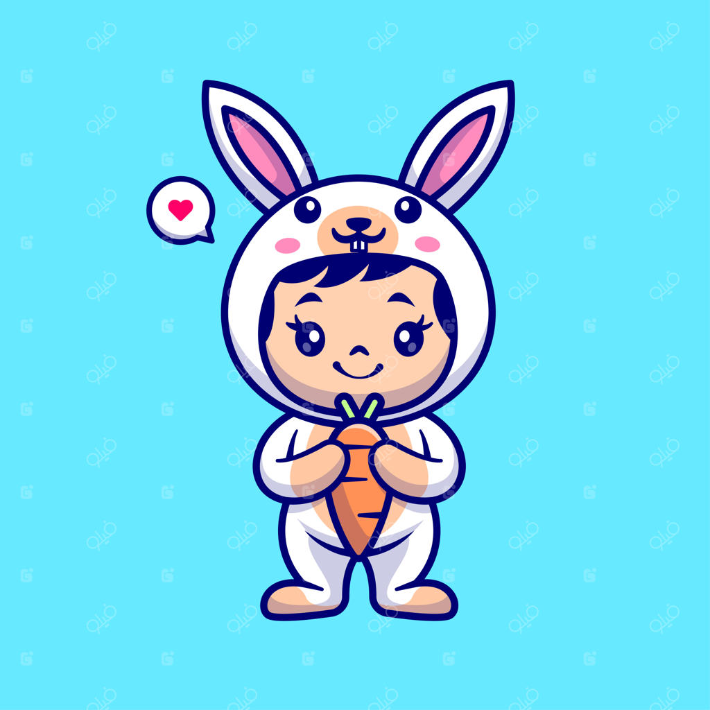 آیکون وکتور کارتونی کودک زیبا با لباس خرگوش و هویج. آیکون شخصیت حیوانی و انسانی