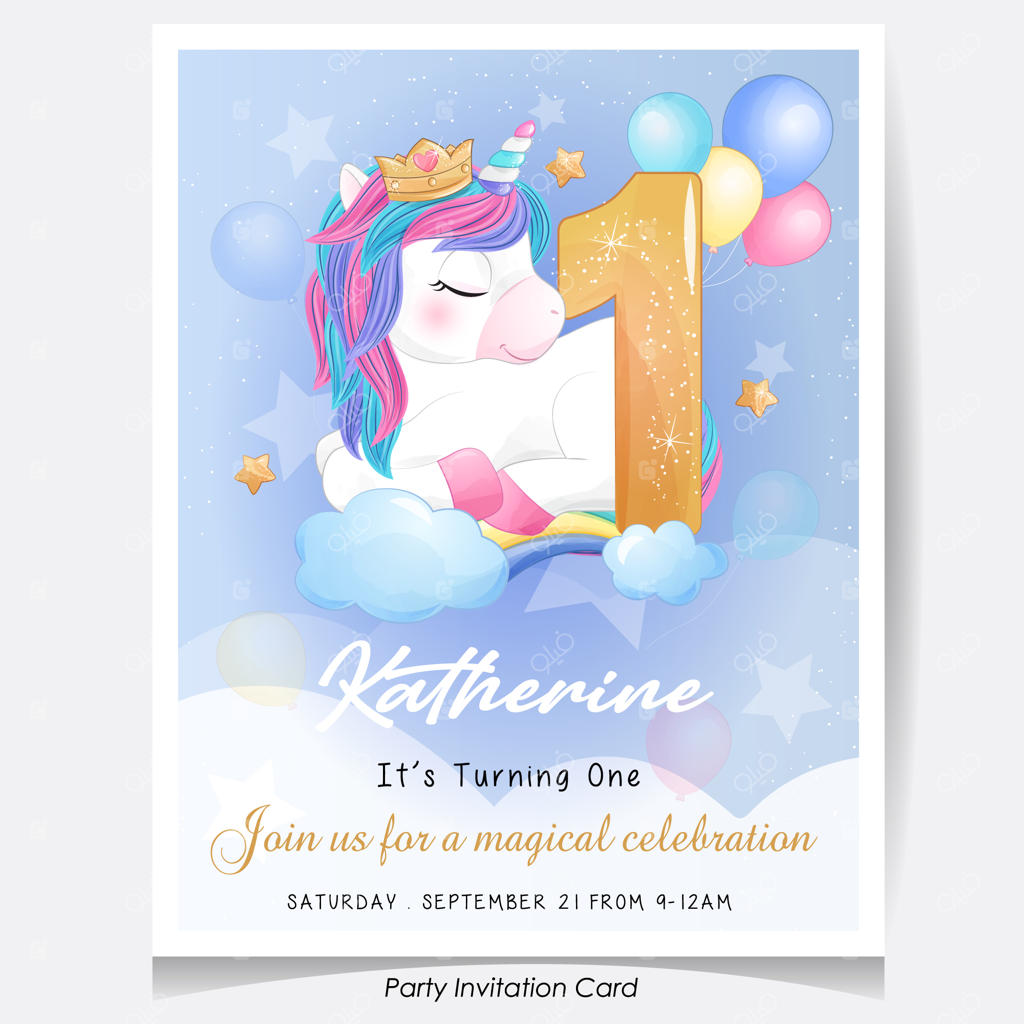 کارت دعوت جشن تولد با طراحی کارتونی و بامزه‌ی اسب تک‌شاخ