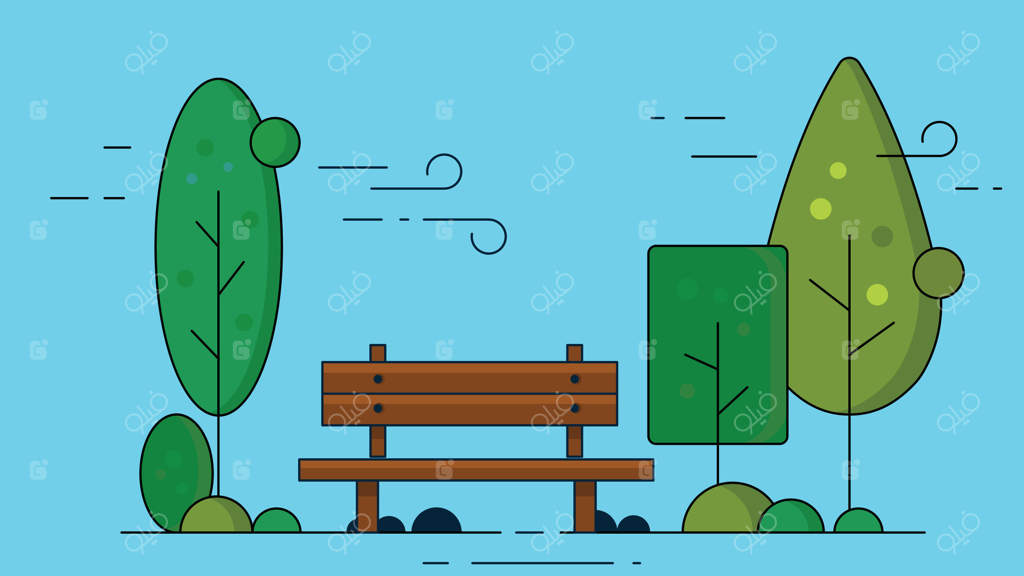 نیمکت آرامش‌بخش باغ در میان درختان سبز زیر آسمان آبی، محیطی دل‌نشین برای استراحت و لذت بردن از طبیعت فراهم می‌کند