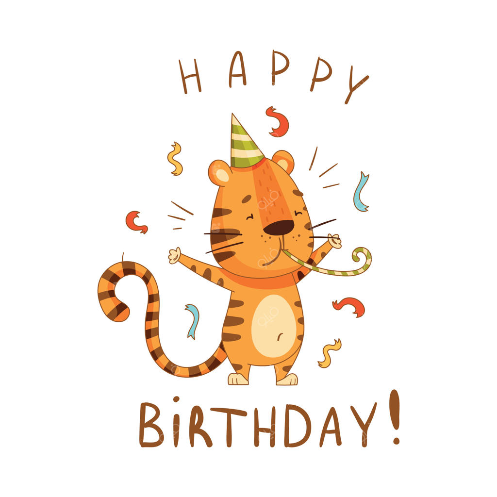 تولدت مبارک! ببر کوچولوی بامزه با کلاه مهمانی در حال جشن گرفتن. شخصیت کارتونی حیوان نوزاد دوست‌داشتنی