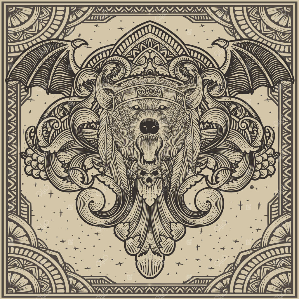 سر خرس قبیله‌ای با حکاکی قدیمی و تزئینات کلاسیک