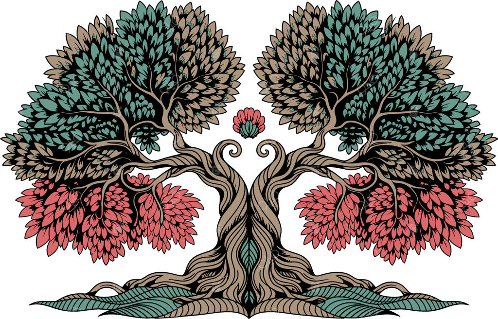 درخت متقارن و زینتی با برگ‌ها و ریشه‌های رنگارنگ