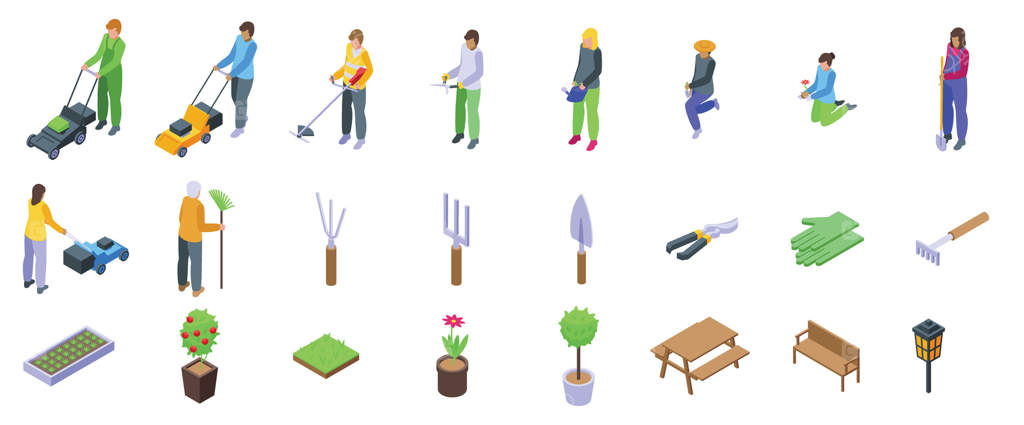 مجموعه آیکون کارگران چمن. باغبانان در حال کاشت و نگهداری از گیاهان با ابزارهای باغبانی، مجموعه آیکون‌های ایزومتریک