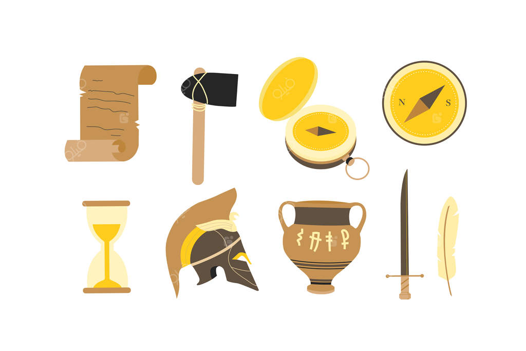 عناصر تاریخی: کلاه‌خود رومی، تبر، طومار قدیمی، گلدان، قطب‌نما، شمشیر