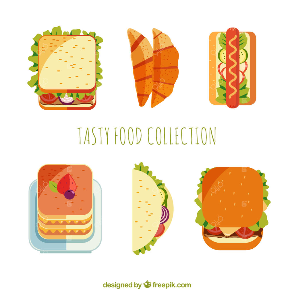 مجموعه غذاهای خوشمزه با طراحی صاف