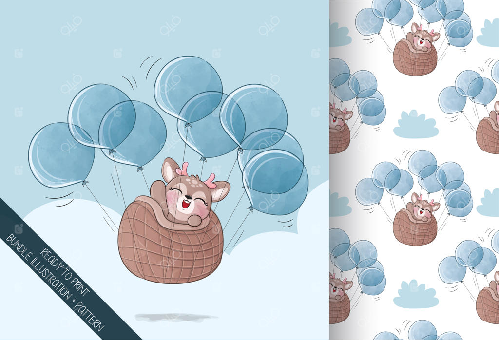 تصویر آهوی کوچکی که با بادکنک قلبی پرواز می‌کند - تصویر پس‌زمینه