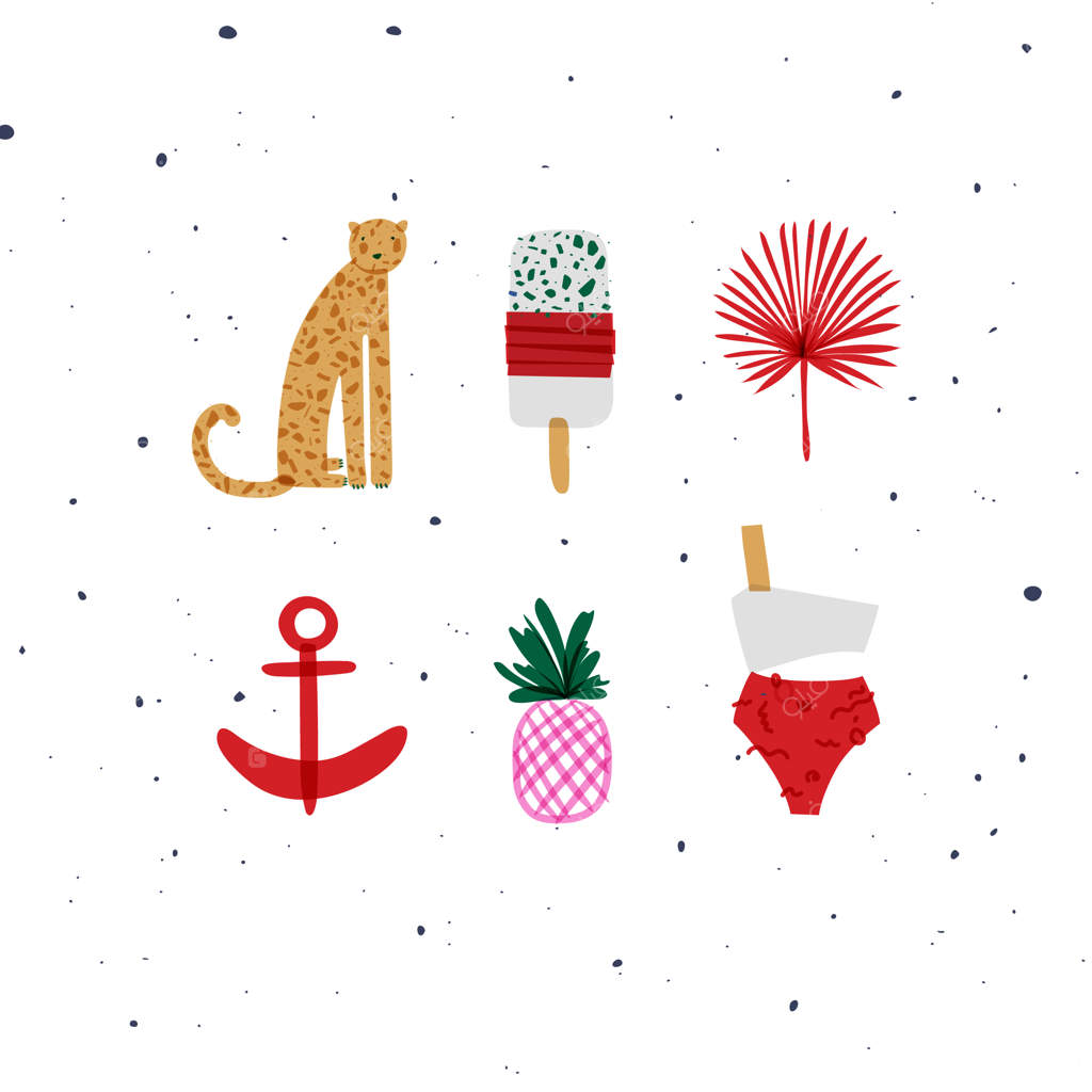 عناصر تابستان: بستنی یخی چیتا، گل، لنگر، آناناس، مایو شنا به رنگ‌های زنده و شاد