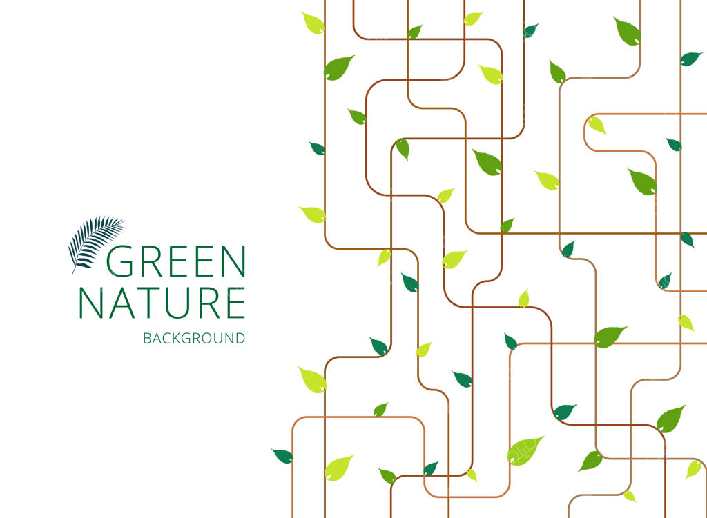 خطوط قهوه‌ای انتزاعی با برگ‌های سبز روی زمینه سفید.