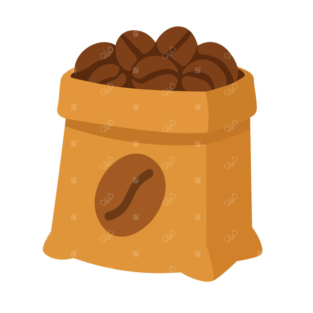 کیسه پر از دانه‌های قهوه، تصویر کارتونی دنج برای طراحی‌های مرتبط با کافه و غذا.