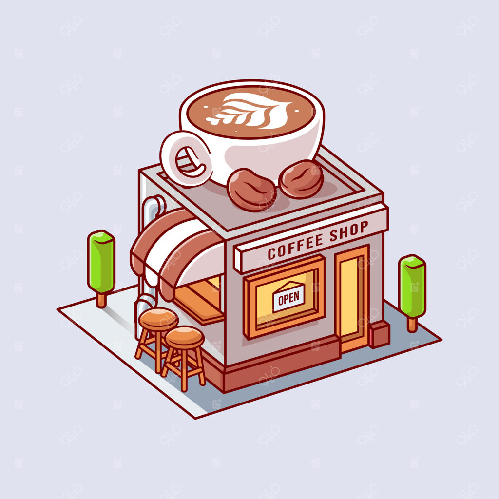 تصویر ایزومتریک کارتونیک ساختمان کافی‌شاپ - آیکون برداری نوشیدنی، ساختمان، طراحی تخت و مجزا
