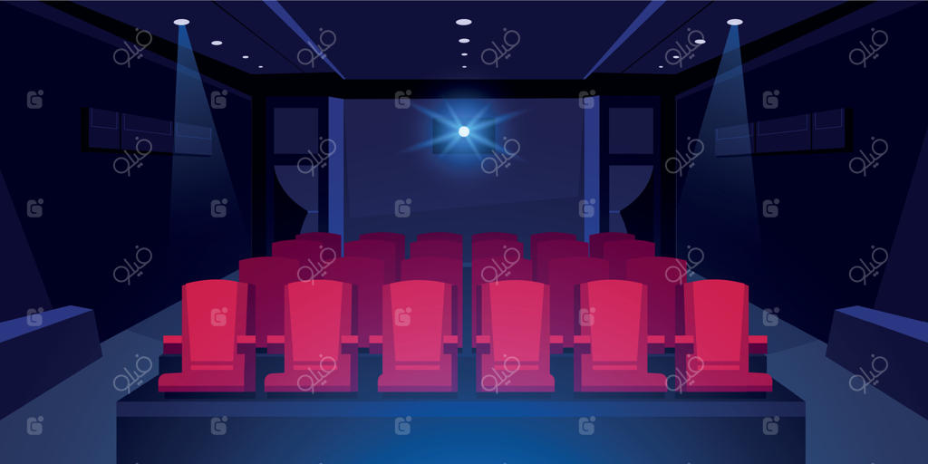 سالن سینما کارتونی: اتاق تاریک سینما با صندلی‌های قرمز و پروژکتور روشن، پس‌زمینه‌ای از داخلی سالن کنسرت. تصویرسازی وکتور