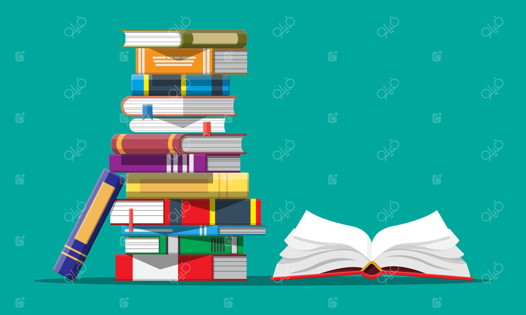 کتاب باز با صفحات وارونه و توده‌ای از کتاب‌ها. مطالعه، آموزش، کتاب الکترونیکی، ادبیات، دایرة‌المعارف. تصویرسازی وکتوری به سبک تخت.