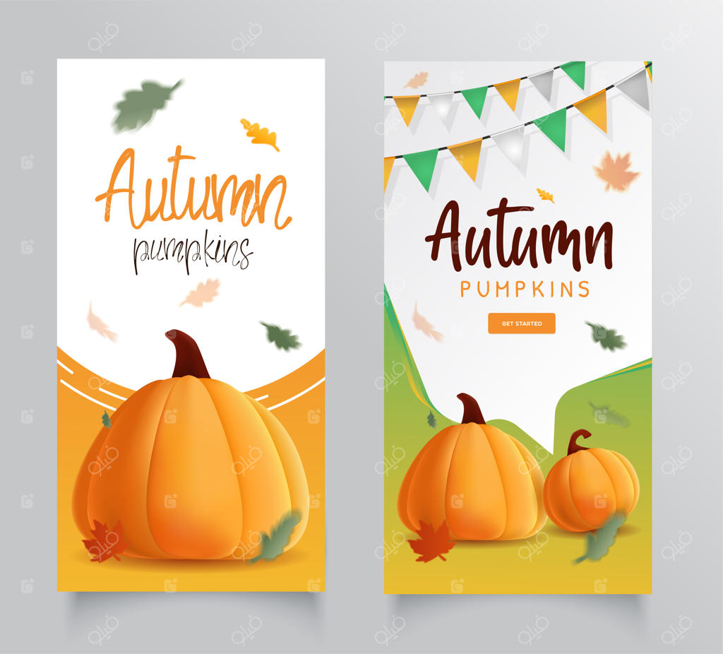 بنر مجموعه پاییزی با تصویر کدوهای واقعی و برگ‌های در حال پرواز