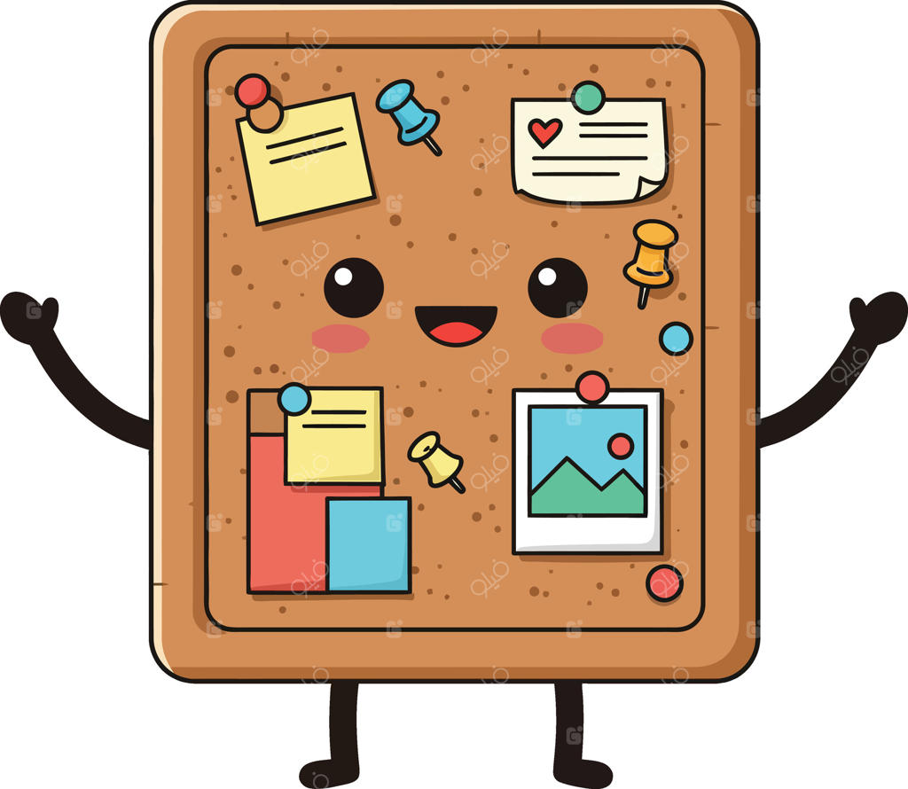 تصویر شخصیت بامزه و شاد تخته اعلانات با پین‌ها و یادداشت‌های رنگارنگ، چهره خندان و دست‌ها