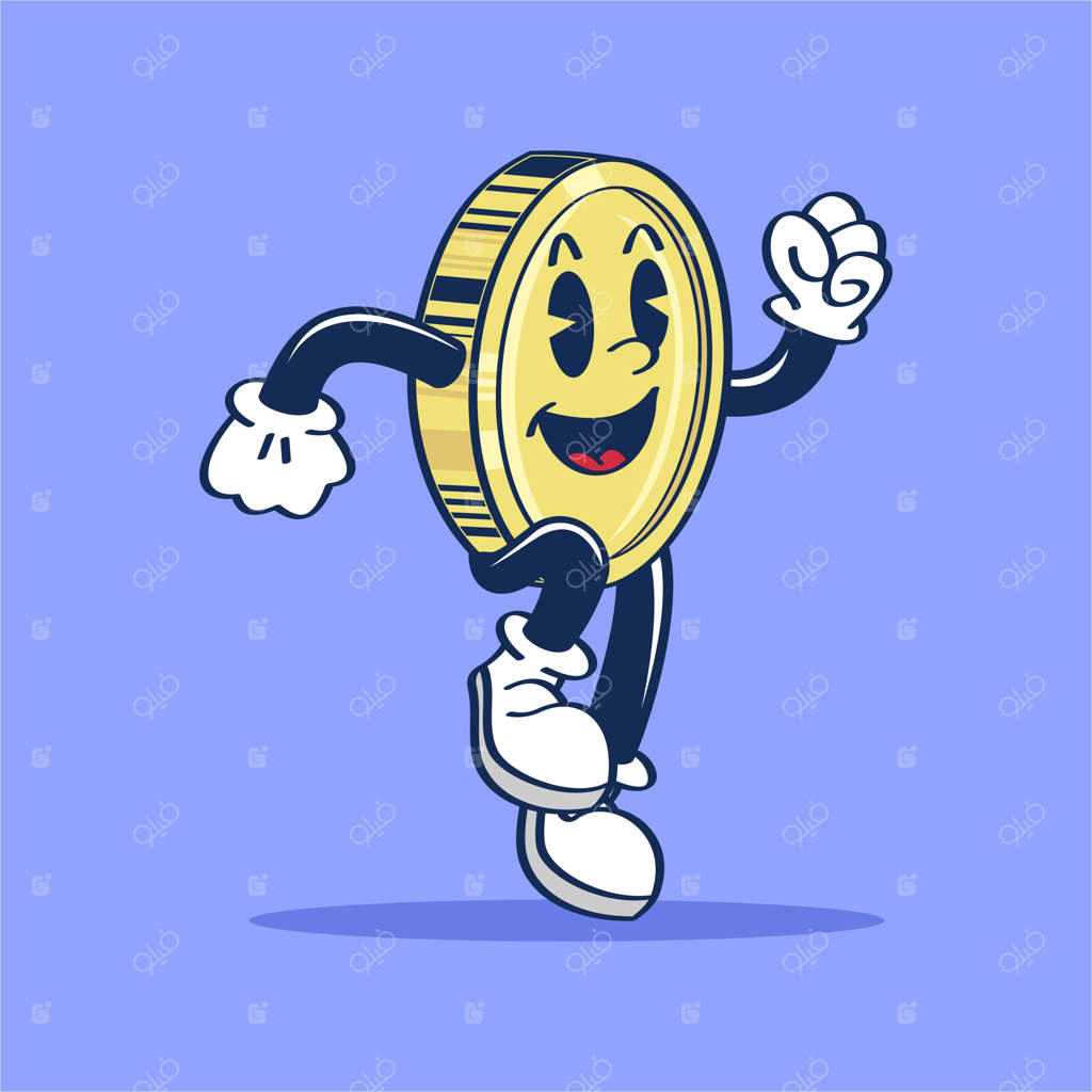 طرح کارتونی از سکه‌ای آماده دویدن در پس‌زمینه آبی، طراحی دستی وکتور